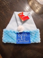 Baby's First Christmas Infant Santa Hat Blue  White Embroidered New
