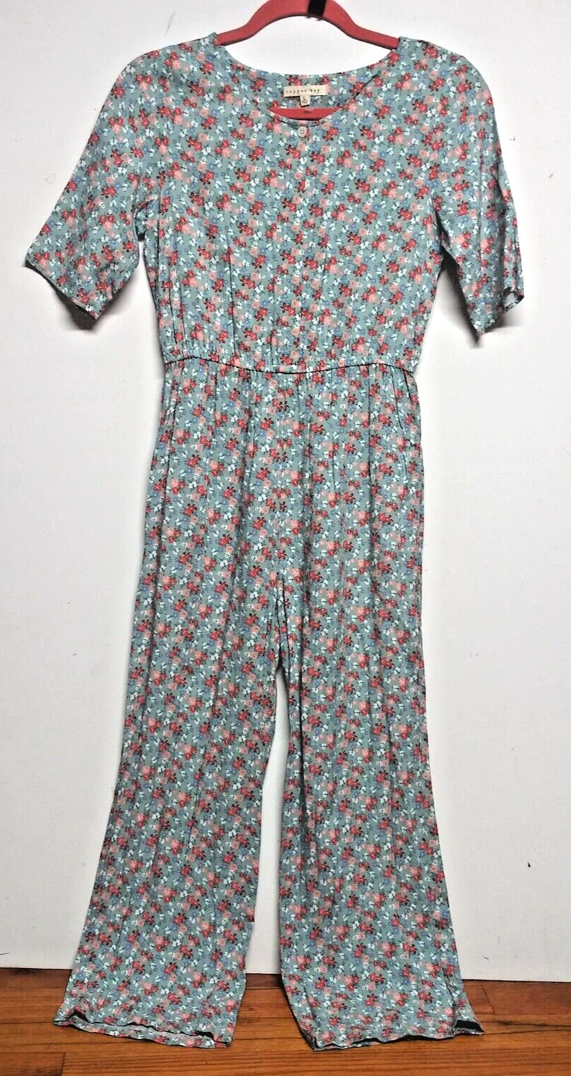 Womens Jumpsuit Floral ditsy dainty Sz S/M/L short sleeve gray orange pink rayon-image