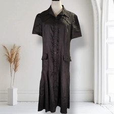 Vintage 90s Black Linen Midi Dress Prairie Western Cottagecore Size 16