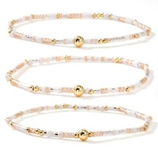 Gold Plated White Rice Tiny Beaded Stack Bracelets Sets for Women,Stackable Smal