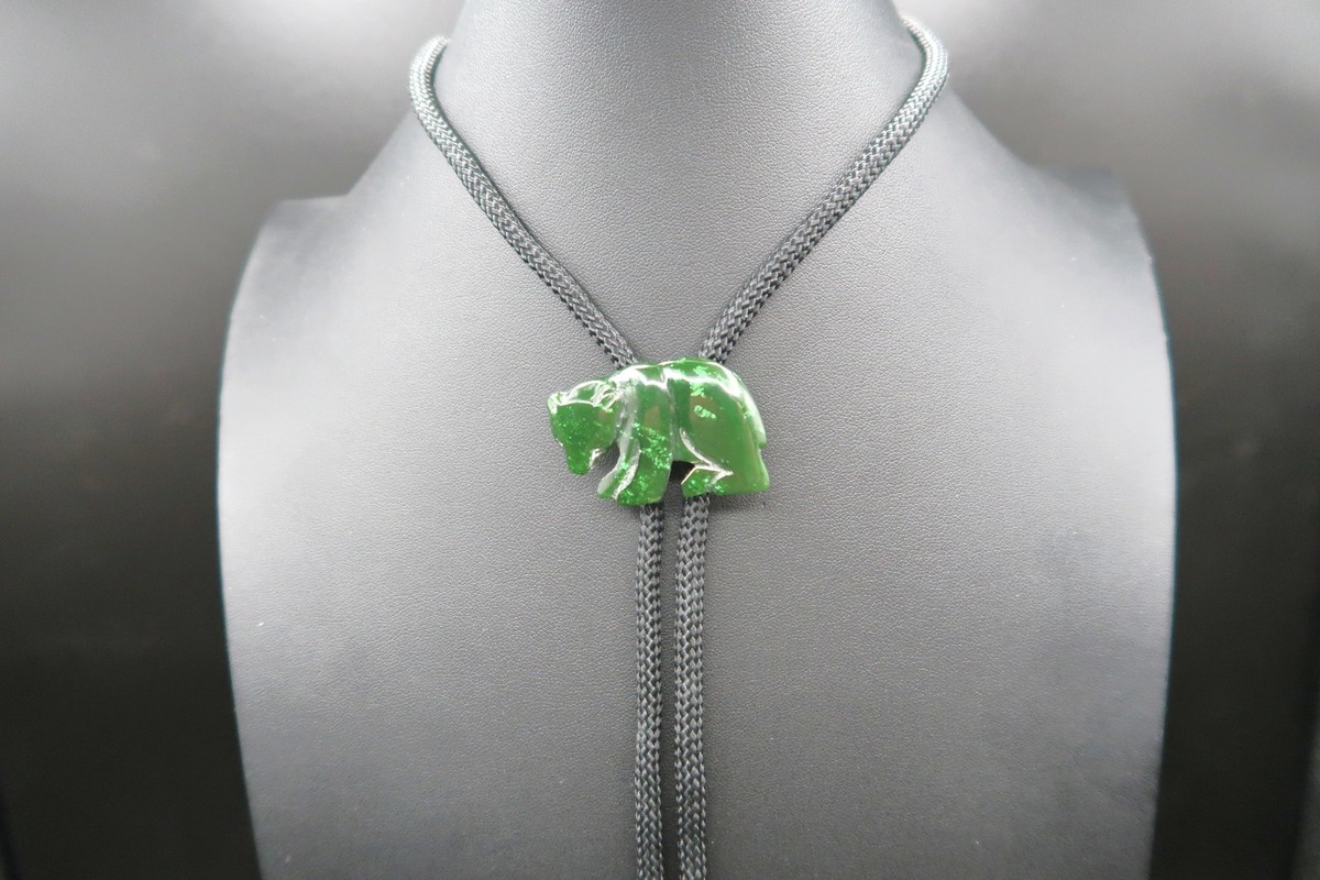 Carved Moss Green Jade Bear Slide & Aiguillettes Bolo Tie Unique Western Wear