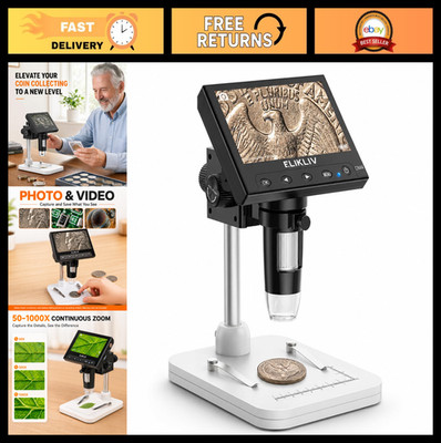 Digital Coin Microscope 1000x Magnification, 4.3'' LCD, 8 LED Lights, PC Compatib