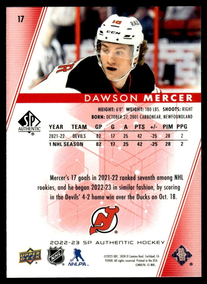 2022-23 SP Authentic Limited Red Dawson Mercer New Jersey Devils #17 - Image 2 of 2