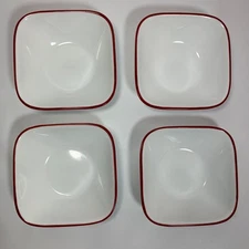 Set of 4 Corelle Kyoto Leaves Square 10 oz Dessert/Dip Bowls Red Trim