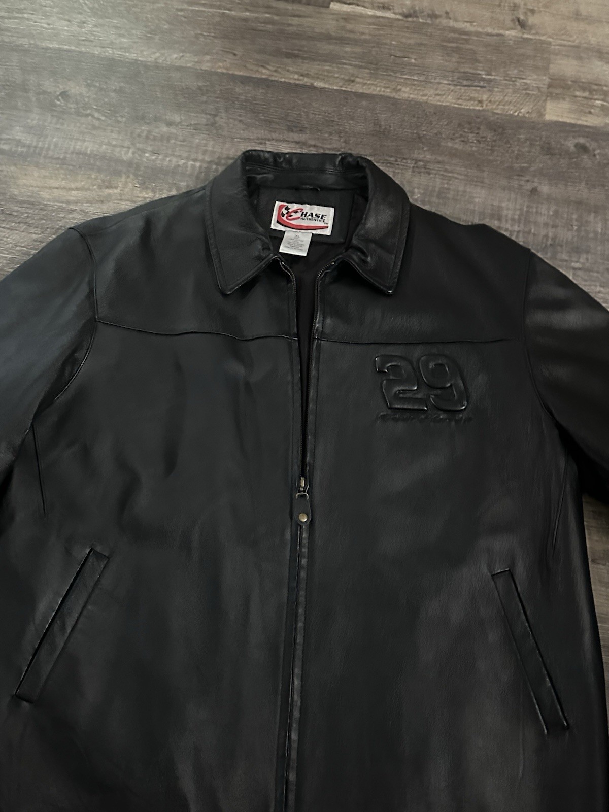 NASCAR Chase Authentic 2000s Black Leather Jacket Men's XL #29 Rare Vintage