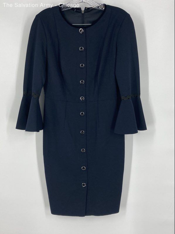 Elie Tahari Womens Navy Blue Flare Long Sleeve Round Neck Sheath Dress Size 4