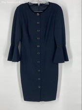Elie Tahari Womens Navy Blue Flare Long Sleeve Round Neck Sheath Dress Size 4