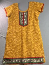 Yellow Cotton Printed Kurta for Women, Medium, Decorative Neckline, Side Slits