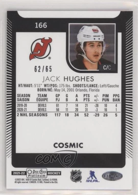 2021-22 O-Pee-Chee Platinum Cosmic /65 Jack Hughes #166 - Image 2 of 2