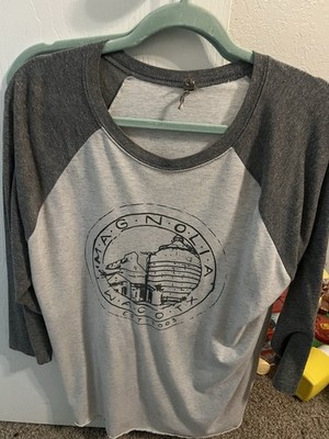 Magnolia Silos Waco TX Raglan Baseball Tee Chip & Joanna Gaines Grey Size Large