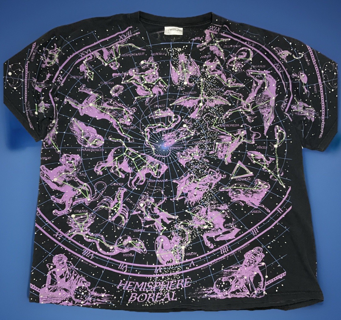 Vintage Disney Liquid Blue Shirt Sz 2XL Constellations Stars Zodiac 1993 AOP