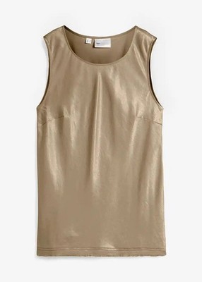 Neu Satintop mit Fransenkante Gr. 48 Goldbeige Damen Blusentop Ärmellos