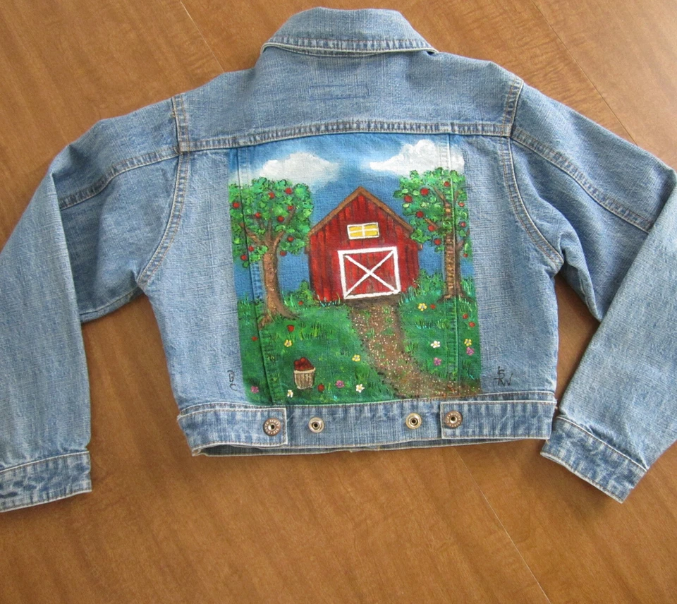 Apple Farm Hand painted jean Jacket Girl's size 6X hand painted airbrushed art - Image 2 of 4