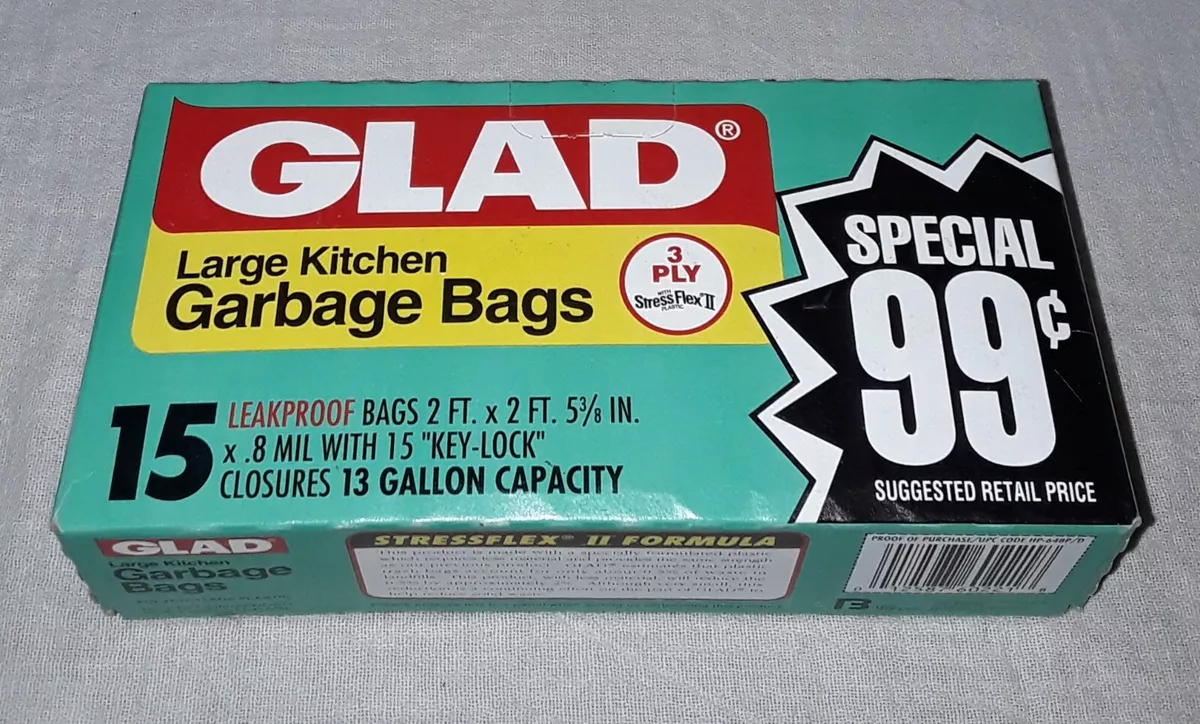 VINTAGE GLAD LARGE KITCHEN GARBAGE BAGS 13 GALLON 15 COUNT BOX