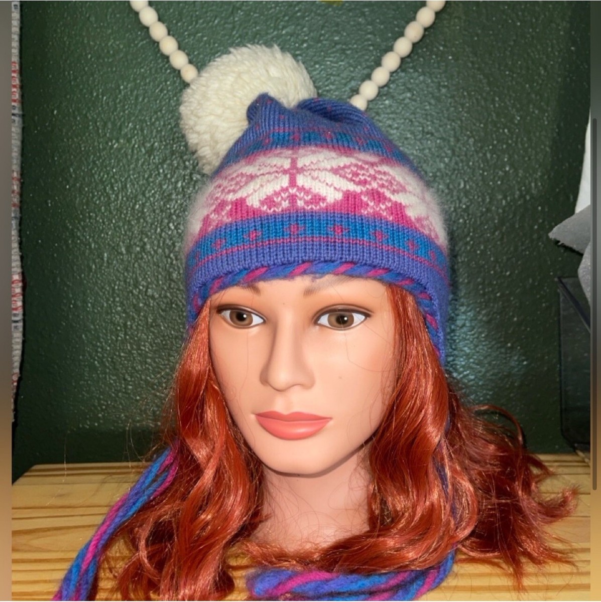 Vintage Hat Wool Ski Hat Pink Purple White‎ Beanie USA Handmade Top Notch Knits Vintage 80s Handmade Knit Pompom Hat by Top Notch Knits/100  main image 3