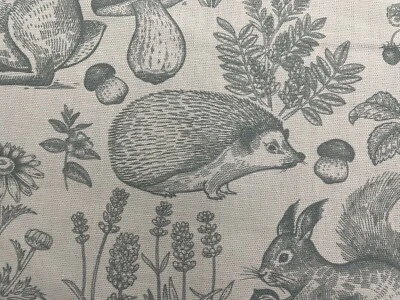 FRANK THOMAS INTERIORS Forest Toile Hedgehog & Hare SEA SPRAY WHITE Linen Curtain Upholstery Fabric