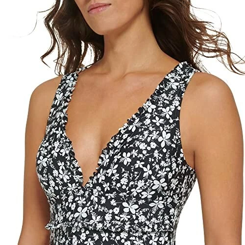 NUEVO CON ETIQUETAS Tommy Hilfiger Mujer Estampado Floral Volantes Ribete Negro 1 Pieza Talla 6 $100 FF300 Foto 4 de 4