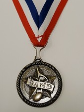 Band medal, music Notes, gold, award, with neck ribbon-R, W  B, 2", custom