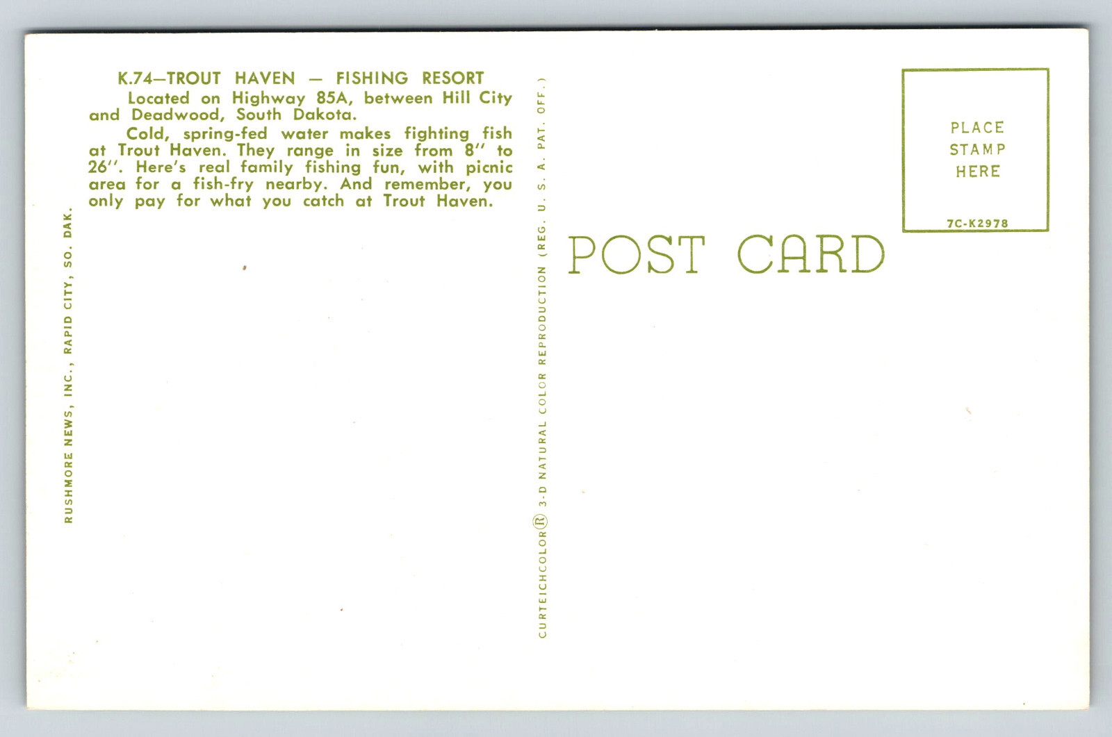 Deadwood South Dakota Trout Haven Fishing Resort Hill City SD Postcard