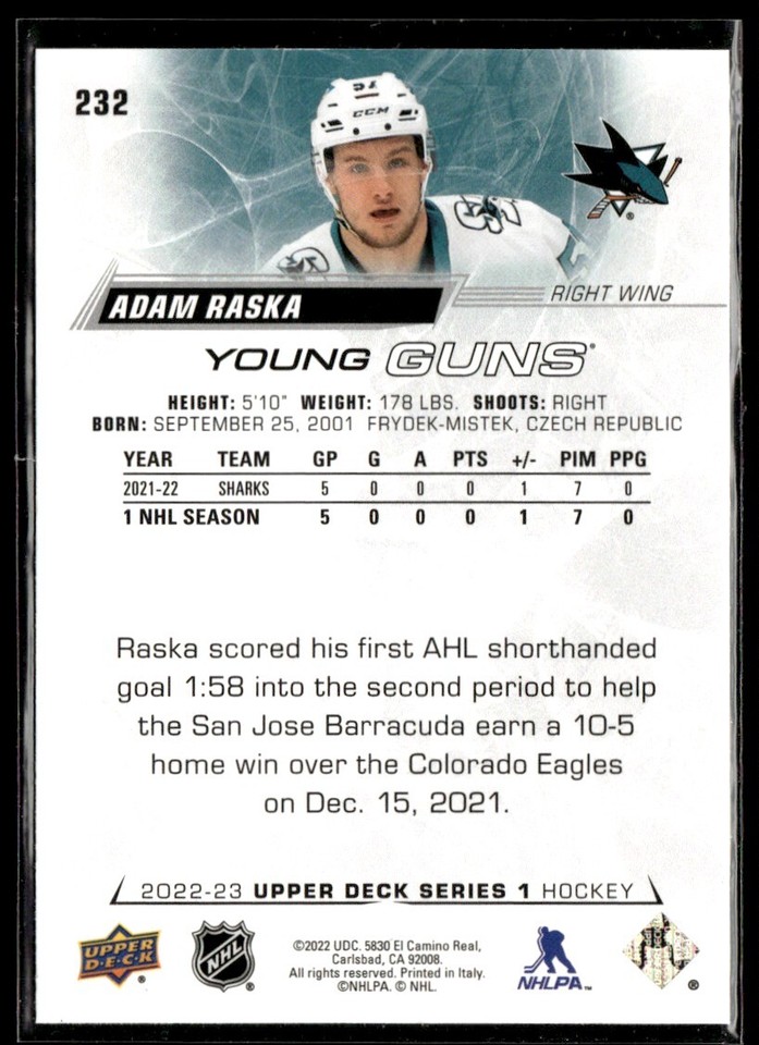 2022-23 Upper Deck Young Guns Adam Raska Rookie San Jose Sharks #232 | eBay