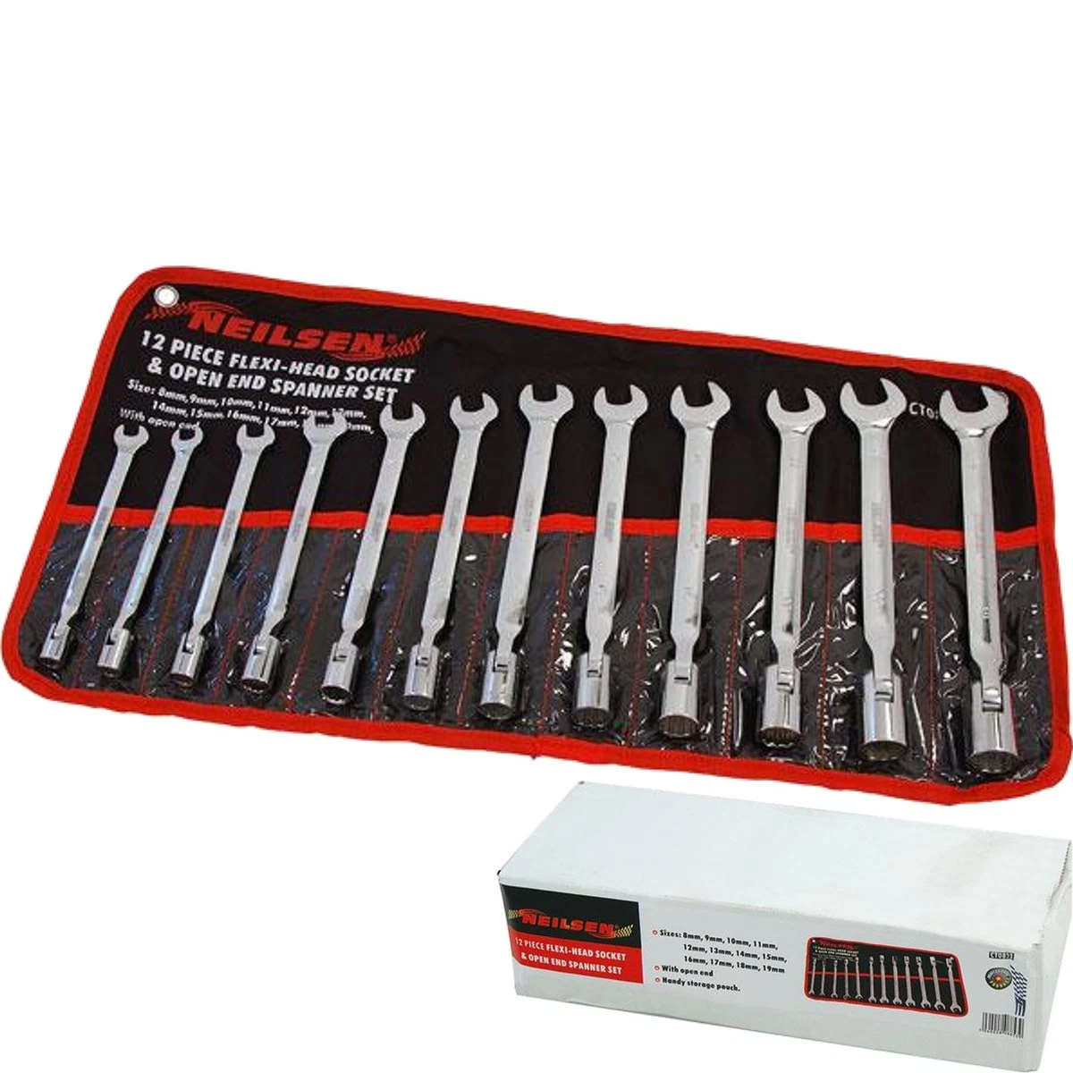 Neilsen 12pcs Flexi Head Socket And Open End Spanner Wrench Set 8mm - 19mm