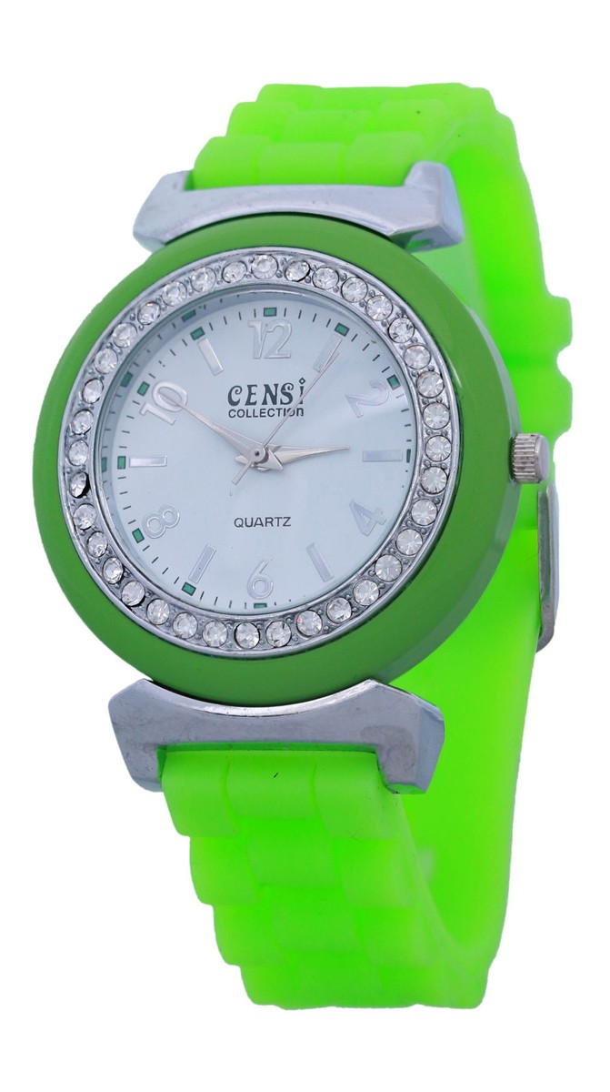 Censi Donna Diamante Lunetta Verde Silicone Cinturino Analogico