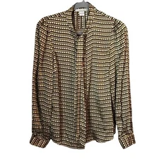 Vintage Silk Printed Neck Bow Tie Button Up Blouse Size 8