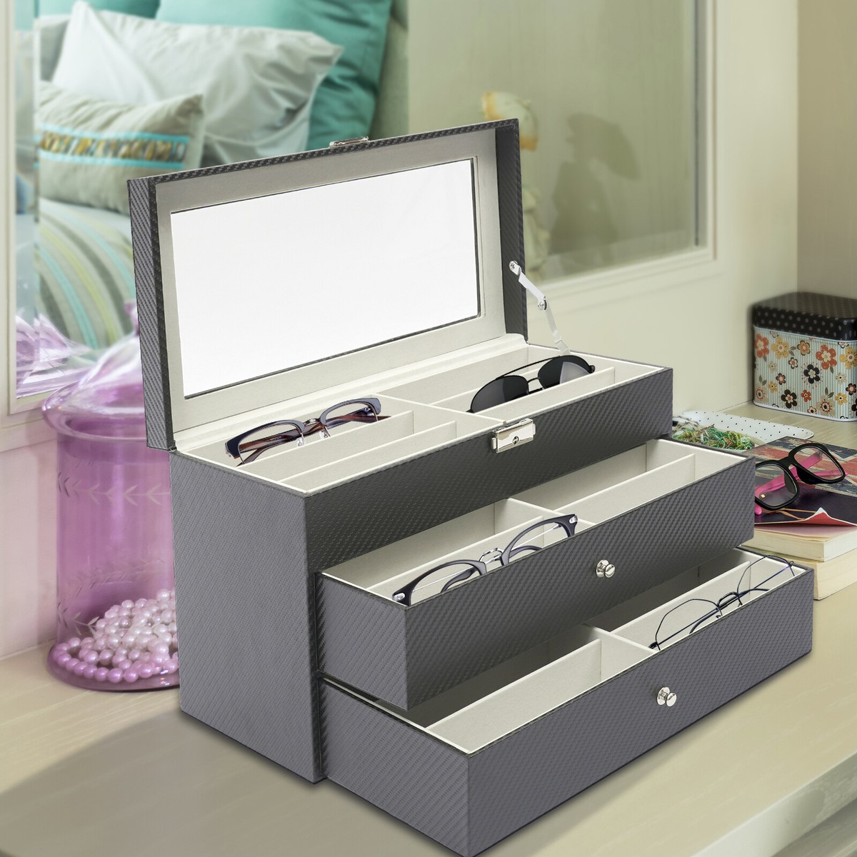 DEZI Sunglasses Case, Light Gray Rectangular Hard Case, Luxury Eyewear Holder BLOCKEDT– DEZI main image 2