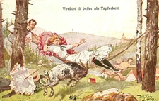 Signed Artist Arthur Thiele Postcard Woman Gets knocked Of Hammock By Goat 443