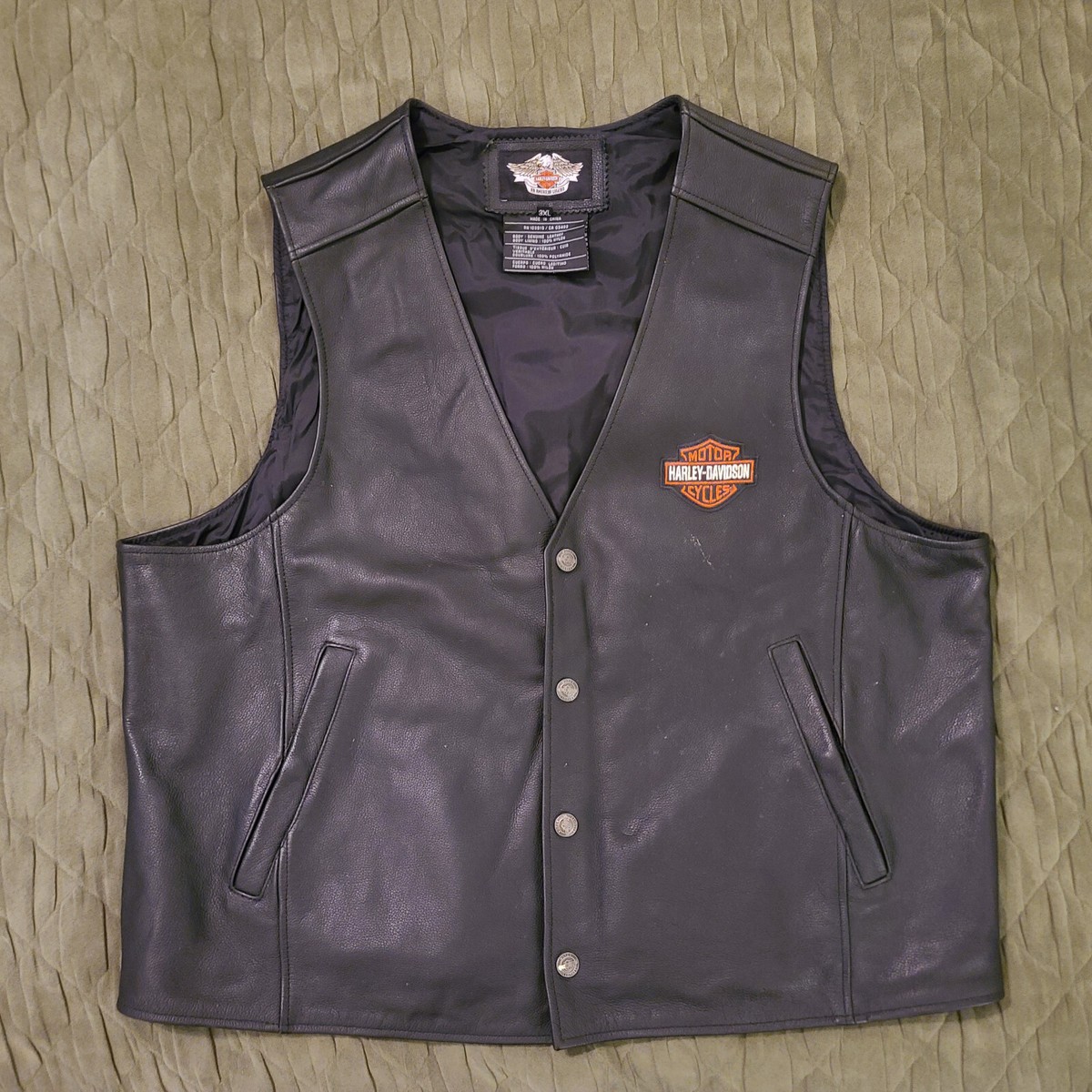 Men's Harley Davidson Motorcycles Black Leather Snap-Up Patch Vest Sz 3XL