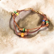 Double Strand Brown Leather Cord Bracelet with Trade Beads and Heishi Beads