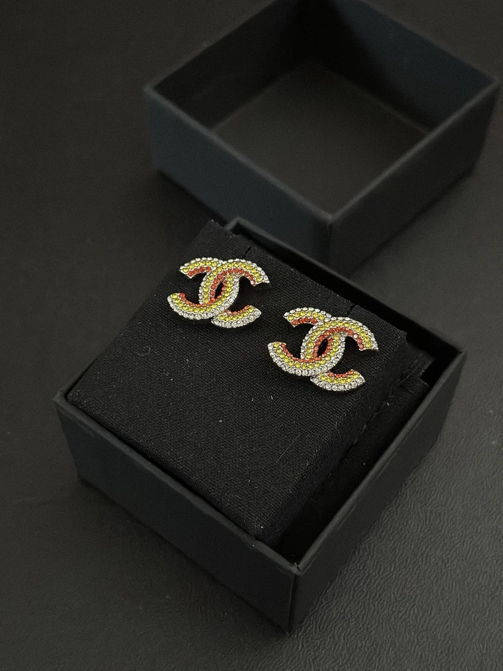 Chanel Multicolor Crystal CC Stud Earrings - Image 3 of 4