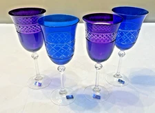 NIB VNTG CRYSTAL GIOILLI DA TAVOLA LE STELLE WINE GLASSES ITALY 2 BLUE 2 PURPLE