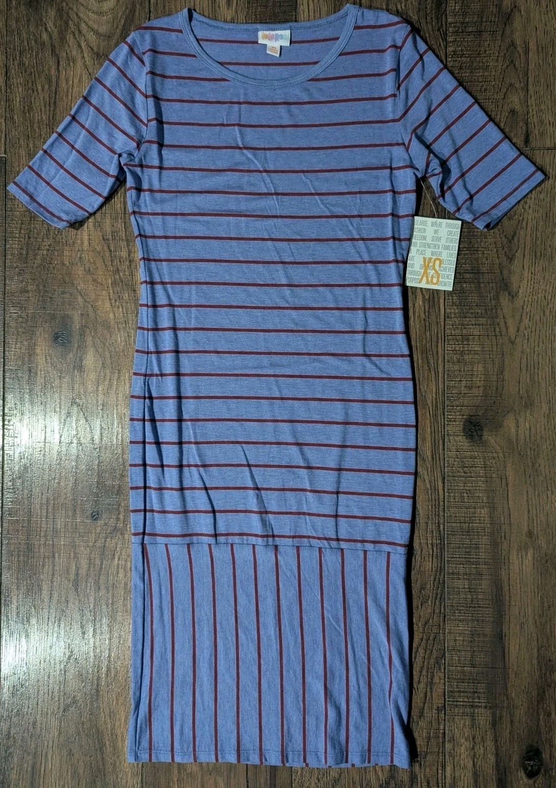 LULAROE “JULIA” Slate Blue W/ Red Vertical & Horizontal Stripe Dress Size XS NWT