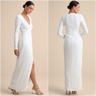 Lulus Love Lasts Forever Sequins Wedding Dress XS White Long Sleeve Bridal Shiny