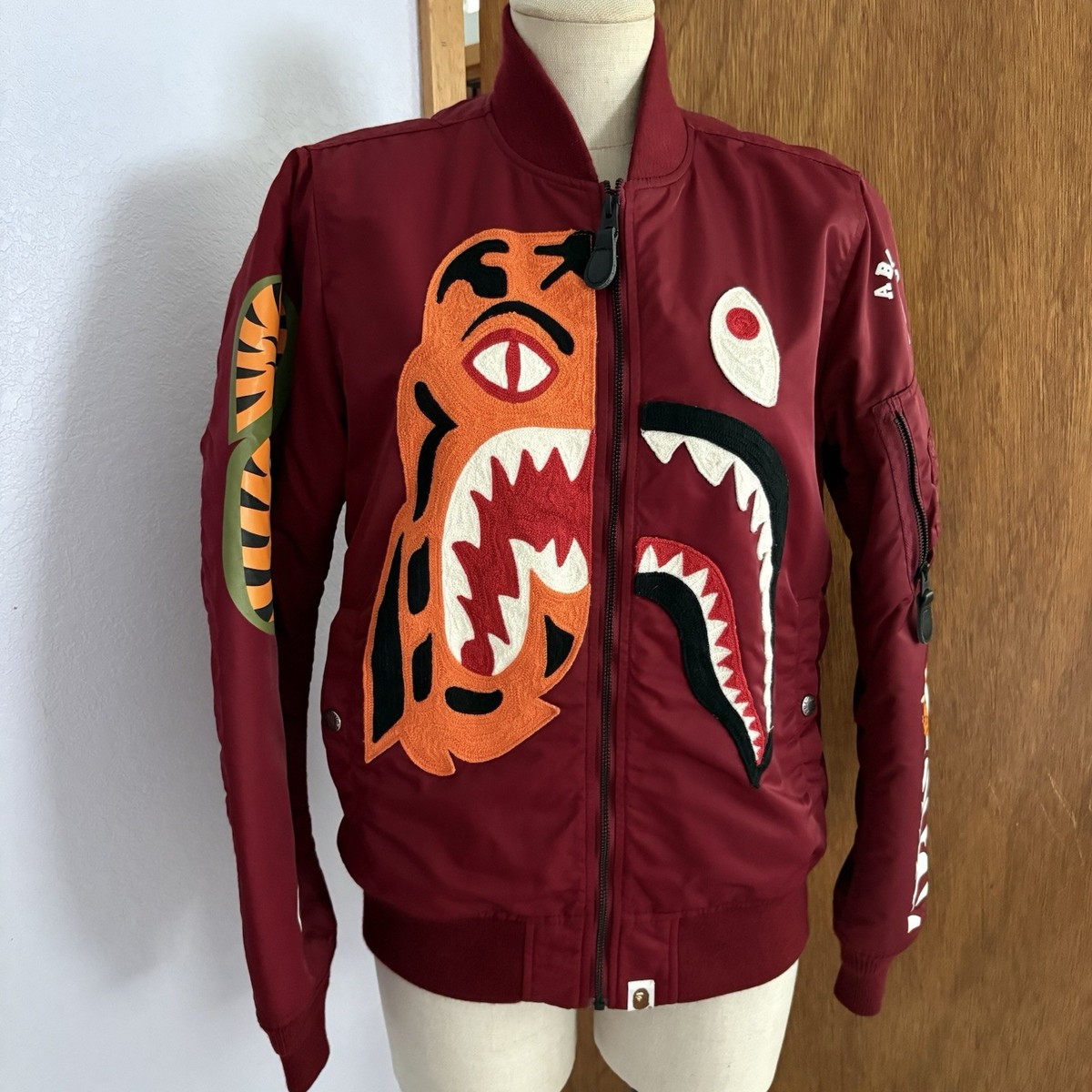 BAPE SHARK sz S Red Maroon Padded Bomber Jacket Bathing Ape Japan