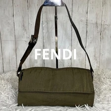 FENDI Shoulder Bag Khaki Nylon Canvas Leather Logo 8a