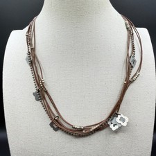 Brown Leather Cord Silver Tone Floral Charm Multi Strand Boho Statement Necklace