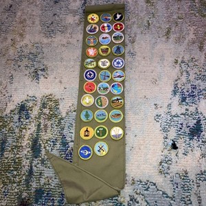 Vintage 80’s Boy Scouts Merit Badge Patch Lot of 32  (31) On sash 1 Loose