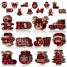 36 Pieces Christmas Buffalo Plaid Hanging Ornaments Christmas Tree Wooden Han...