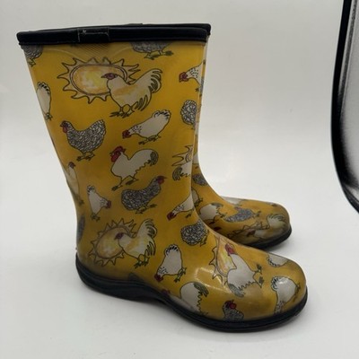 Sloggers Chicken Print Rain Muck Mud Garden Boots Women's Size 7 Yellow USA