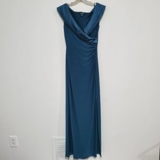 Vintage Lauren Ralph Lauren Blue Teal Maxi Rouched Evening Gown Sz 6 Satin Trim