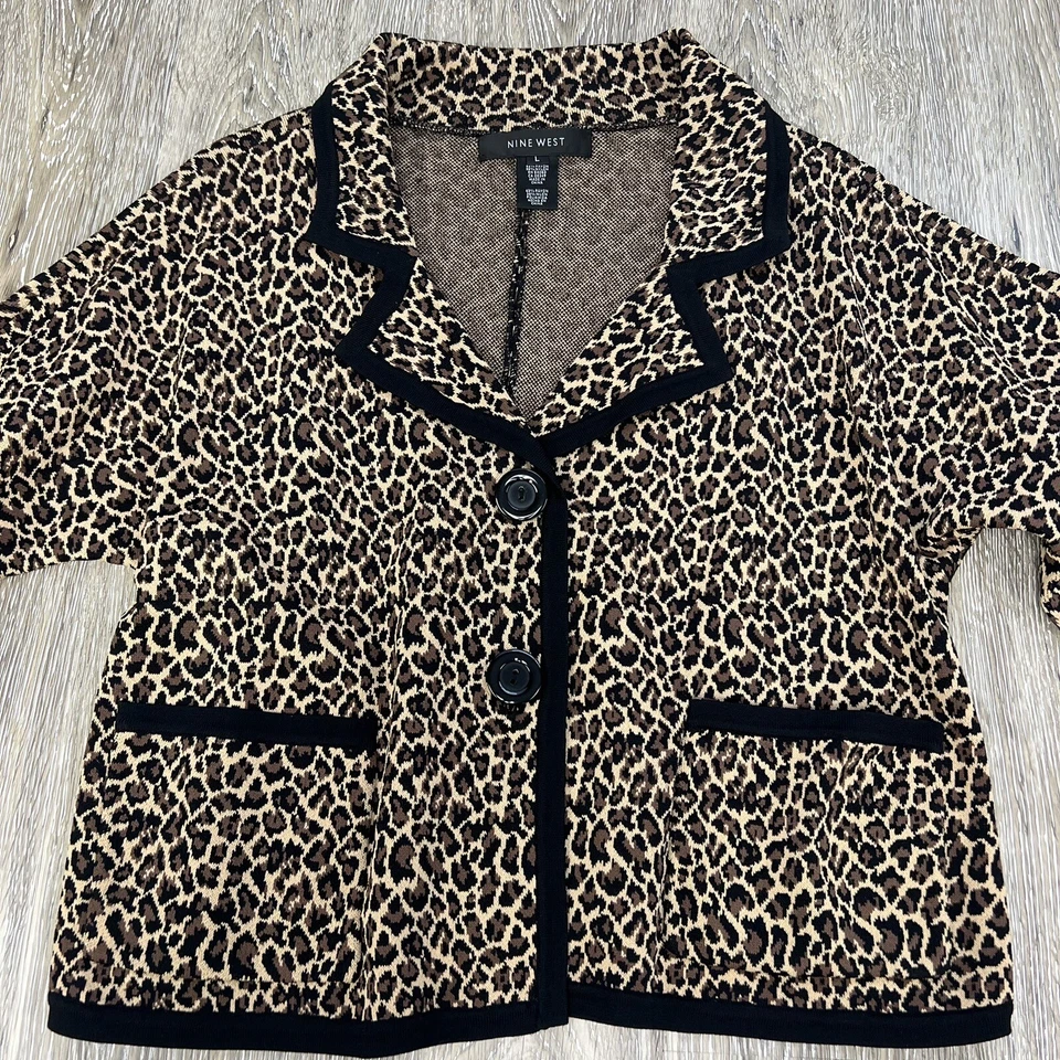 Nine West Blazer Women Large Animal Print Knit Retro Cropped Career Unstructured - Image 2 of 4