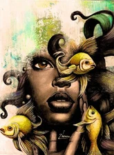 ORIGINAL ACRYLIC SURREAL ART CONTEMPORARY woman PORTRAIT fishes MODERN PAINTING
