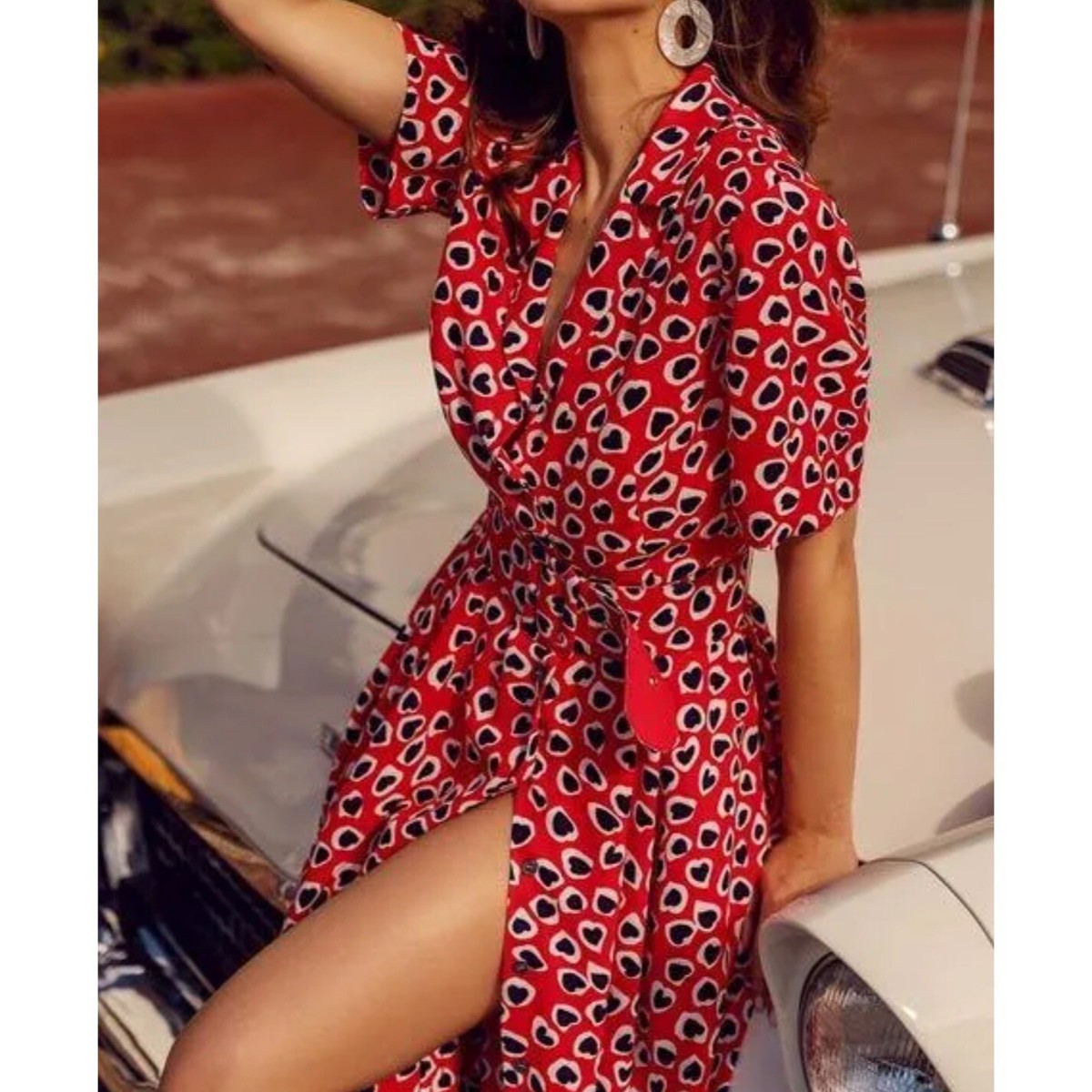 j crew midi shirt dress J CREW RED MIDI HEART SHIRT DRESS Short Sleeve Pockets Belt SZ 0 NWT $138