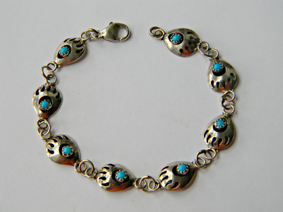 Vintage Sterling Silver Turquoise Navajo Shadow Box Bear Claw Bracelet ...