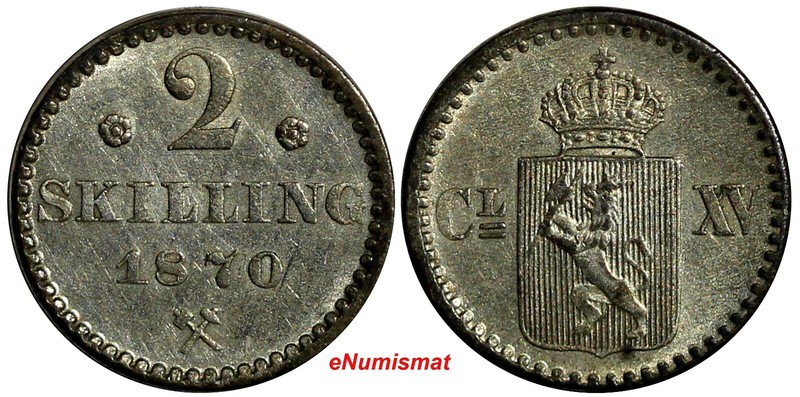 NORWAY Carl XV Silver 1870 2 Skilling with rosettes aUNC KM# 336.1 (14 065)