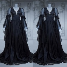 Gothic Black Wedding Dresses Long Sleeve V Neck Corset Sweep Train Bridal Gowns