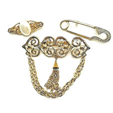 Victorian Look Lot 3 VTG Retro Brooch Pin Gold Tone Tassel Gems