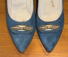 Vtg Sz 7.5 50s Pointy Rockabilly Dress Pumps Swing Dance Blue Leather Suede 60s